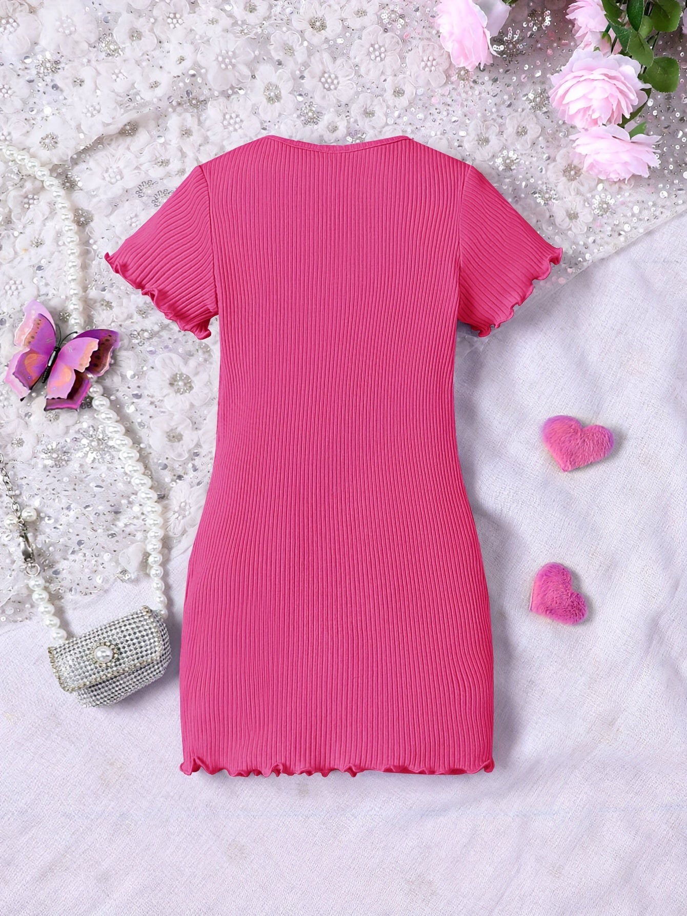 Butterfly Design Frill Trim Short Sleeve Bodycon Dress For Girls Summer Gift Holiday