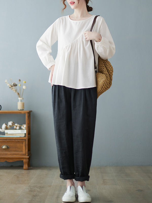 xakxx Casual Loose Long Sleeves Solid Color Round-Neck T-Shirts Tops
