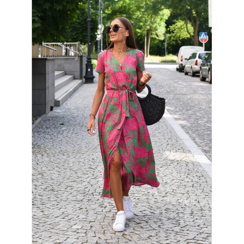 designer womens skirt summer new V-neck print lace-up Lady Floral dress Blue purple pink Urban fashion Clothes 33a fa5