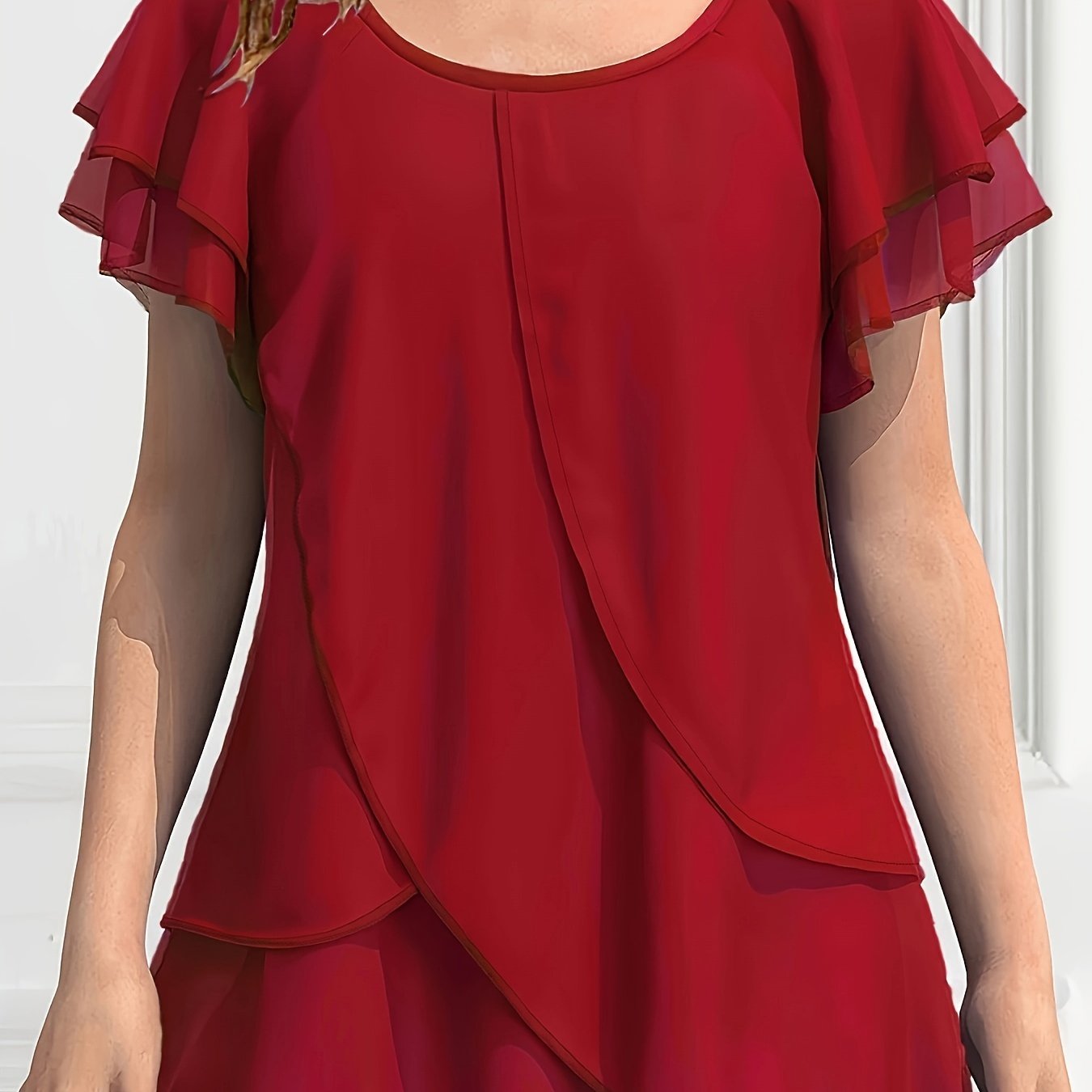 Vibrant Color Crew Neck Blouse - Ruffled Sleeve, Layered, Casual, Spring & Summer Essential - Women's Clothing for Everyday Wear