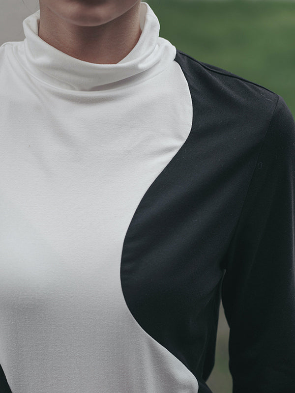 xakxx Urban Skinny Long Sleeves Contrast Color Asymmetric Split-Joint High-Neck T-Shirts Tops