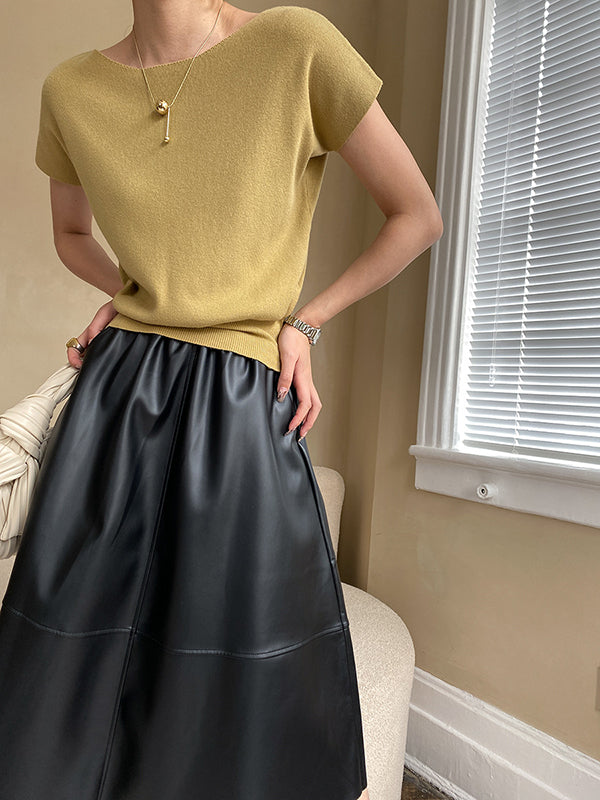 xakxx Stylish Loose Solid Color Boat Neck Knitwear Pullovers Tops