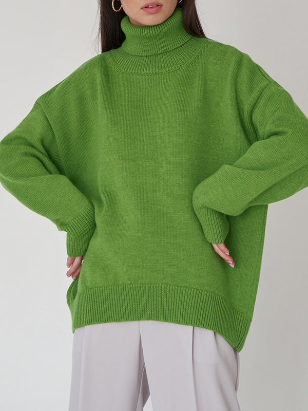 xakxx Long Sleeves Loose Solid Color High Neck Knitwear Pullovers Sweater Tops