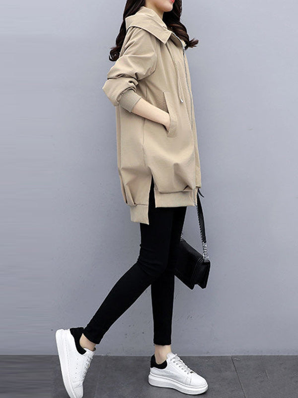 xakxx Casual Loose 4 Colors Pleated Zipper Hooded Long Sleeves Outwear
