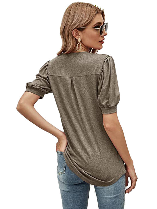 xakxx Simple Solid Color V-Neck Puff Sleeves T-Shirt Top