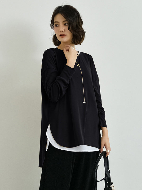 xakxx Simple Long Sleeves Loose Split-Side Solid Color Round-Neck T-Shirts Tops