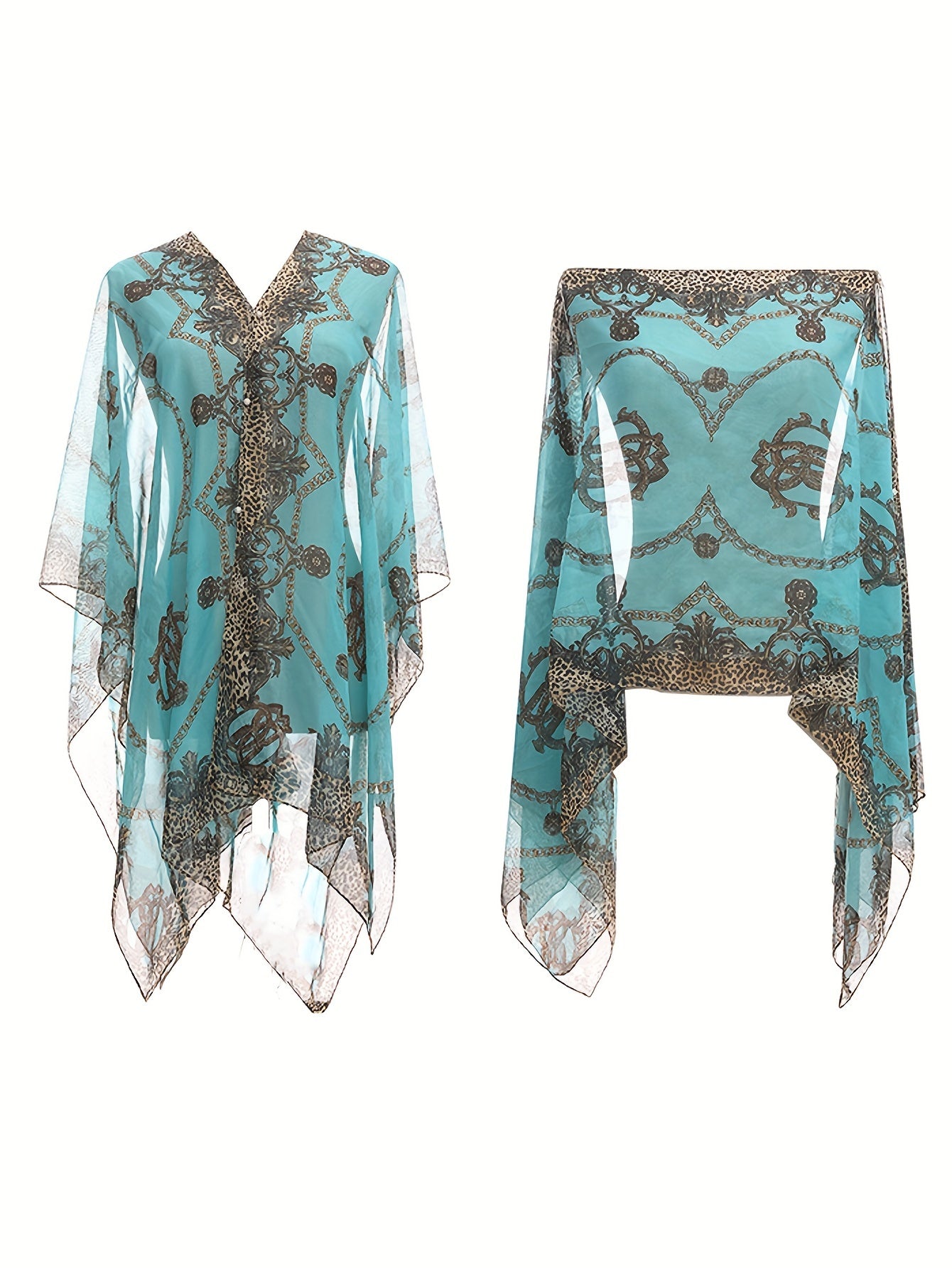 Plus Size Elegant V Neck Shawl Top - Long Sleeve, Semi-Sheer, Positioning Printed, Middle East Style, Woven Polyester Blouse for Spring, Summer, and Fall - Chic Womens Clothing for Curvy Figures