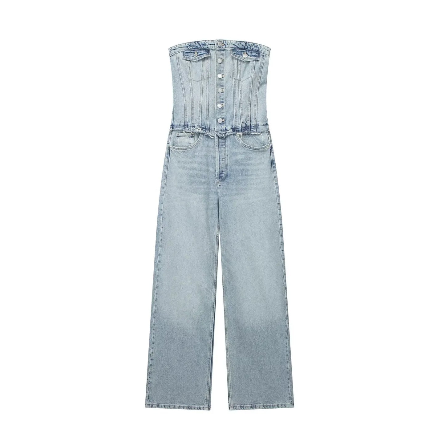 Women s Jumpsuits Rompers TRAFZA Women Chic Denim Button With Tube Top Vintage Casual Backless Elastic Force Female Streetwear Playsuits 230804