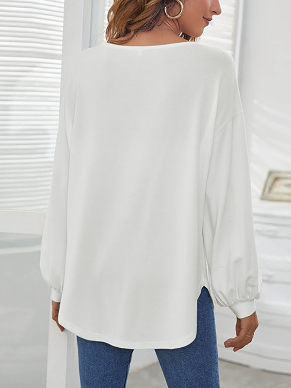 xakxx Simple Loose Long Sleeves Solid Color Round-Neck T-Shirts Tops