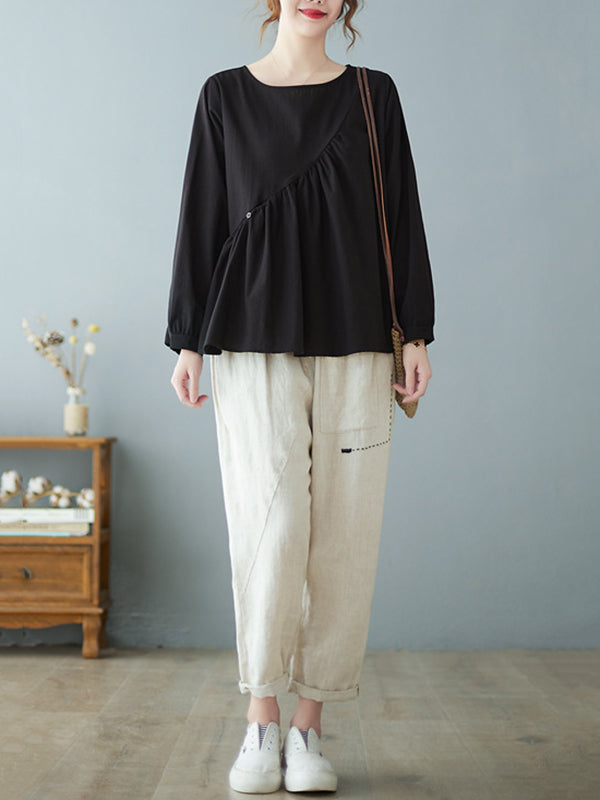 xakxx Casual Loose Long Sleeves Solid Color Round-Neck T-Shirts Tops