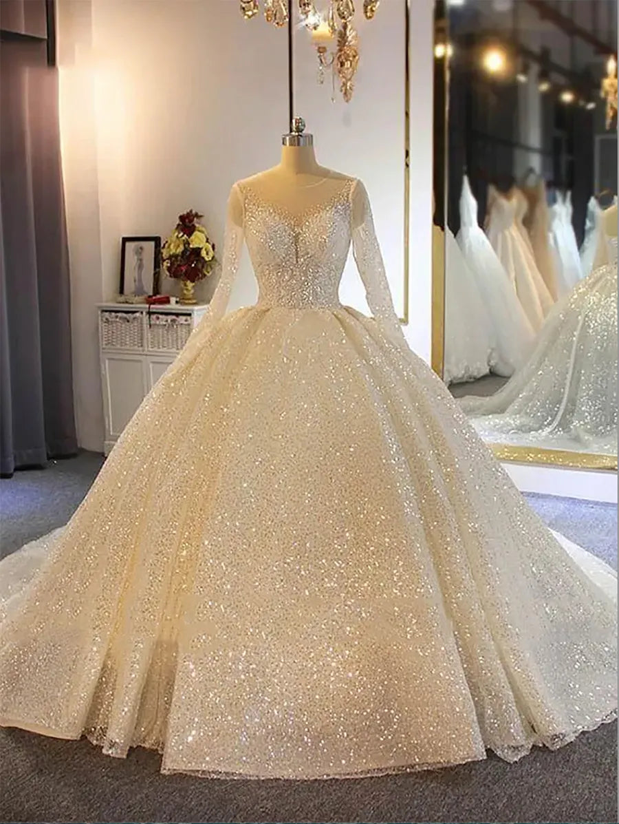 Sparkling Ball Gown Wedding Dresses Sheer Jewel Neck Appliqued Sequins Long Sleeves Lace Bridal Gowns Custom Made Abiti Da Sposa Dress