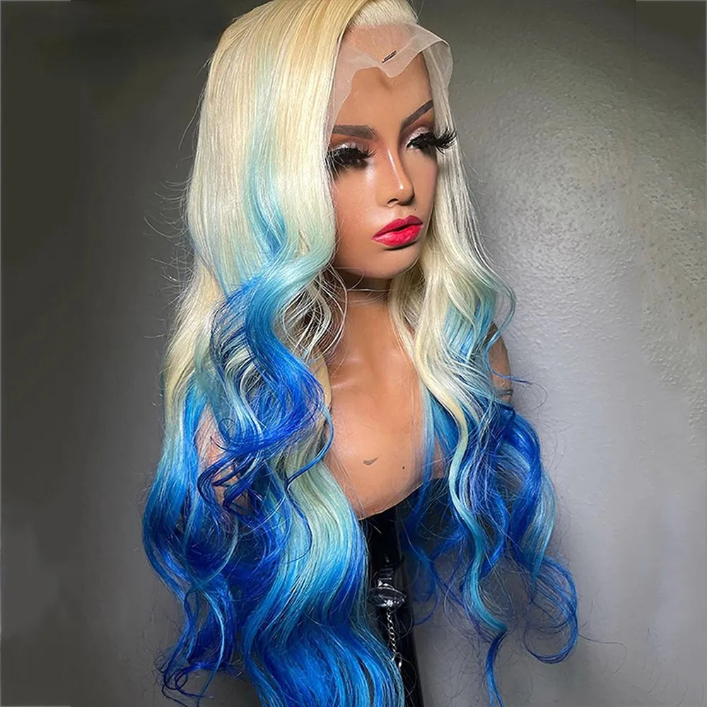 Brazilian 13x4 Blonde Ombre Blue Lace Front Wigs For Women Body Wave Short Simulation Human Hair Wig HD Lace Frontal Wig