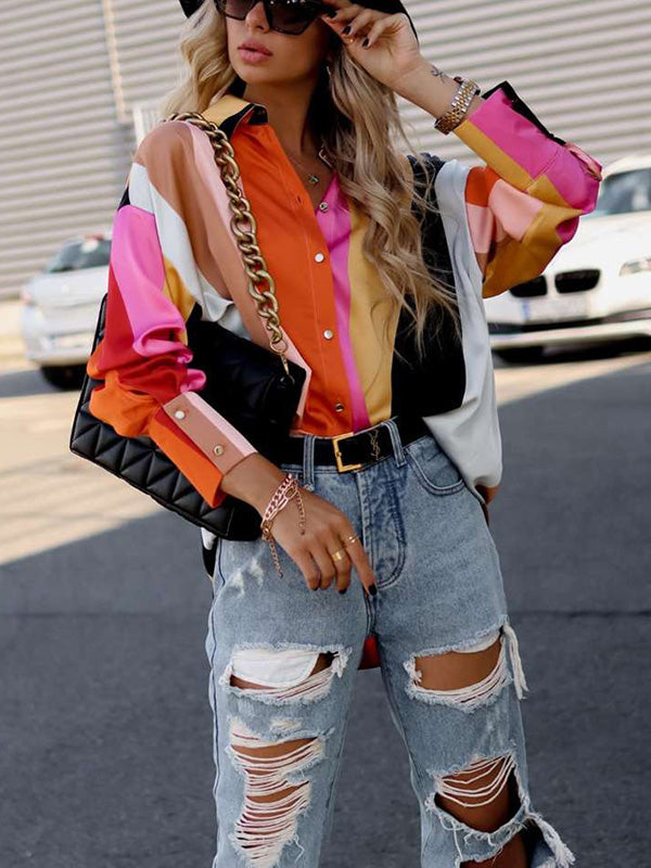 xakxx Stylish Selection Long Sleeves Loose Contrast Color Lapel Collar Blouses&Shirts Tops