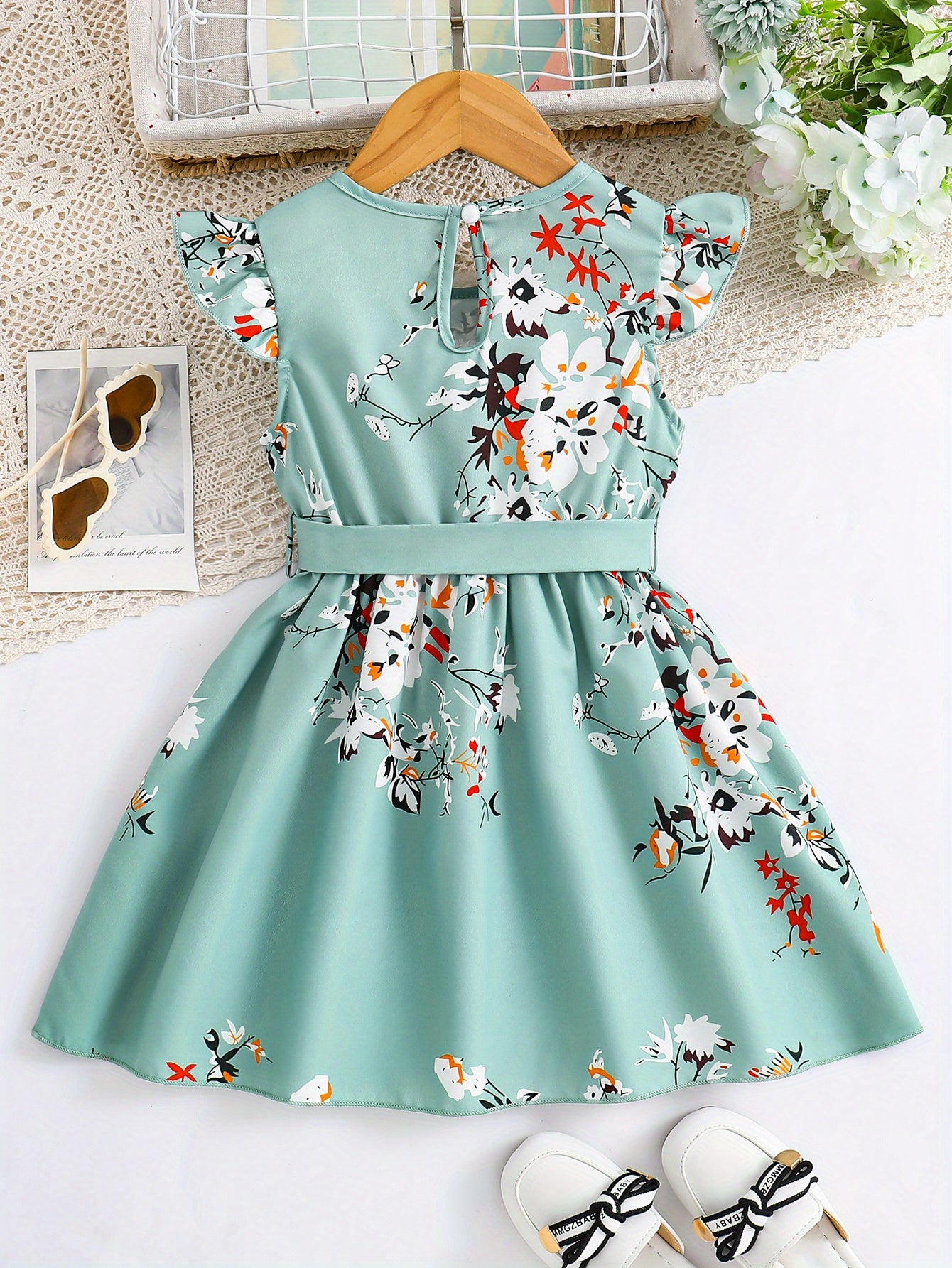 Girls Charming Floral Midi Dress - Fashionable Flying Sleeve & Sleeveless Combo, Lightweight & Comfortable for Sweet Summer Days, Adorable Daily Wear Dress with Bold Pattern