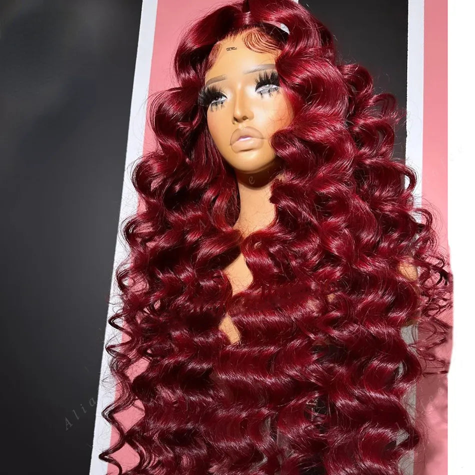 Brazilian Burgundy Red Colored Deep Wave Lace Frontal Wig HD Transparent lace front Wig Human Hair For Women Synthetic Lace Closure Wig