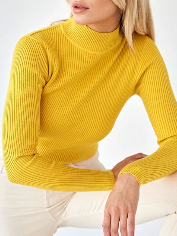 xakxx Long Sleeves Skinny Solid Color Split-Joint High Neck Sweater Tops