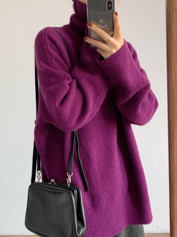 xakxx Casual Long Sleeves Loose Solid Color High-Neck Sweater Tops