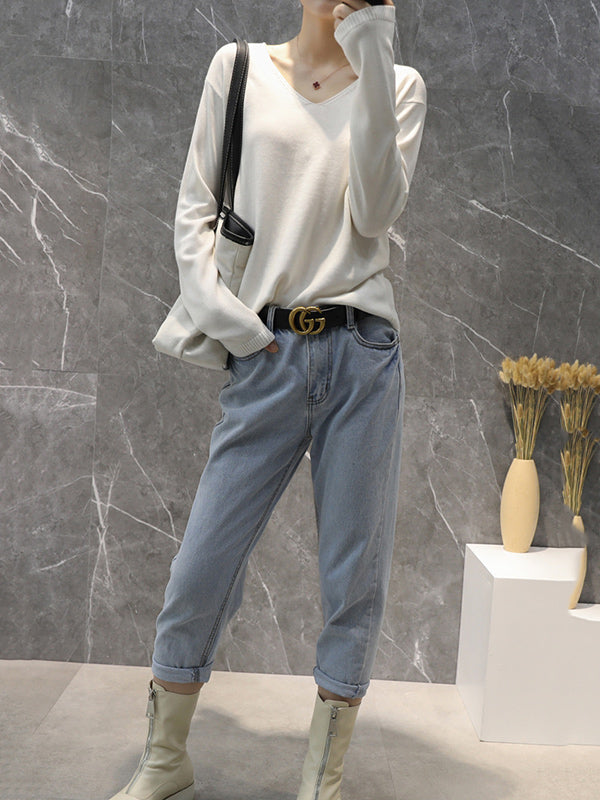 xakxx Simple Solid Color V-Neck Long Sleeve Knitwear Tops