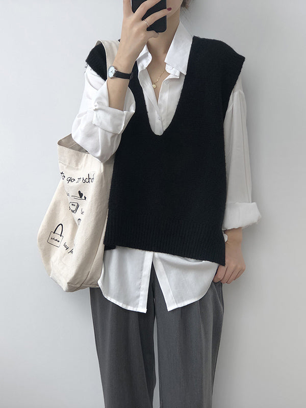 xakxx Knitting Irregularity Solid V-Neck Vest