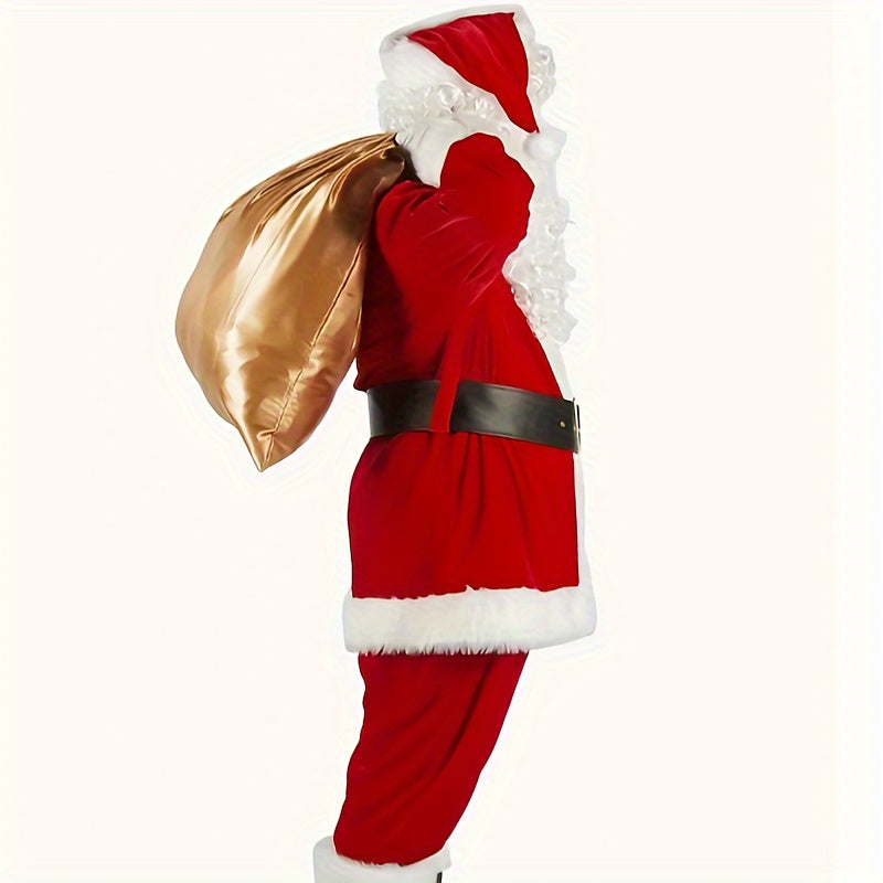 Luxurious Velvet Santa Claus Costume Set for Adults, 11pcs Christmas Outfit with Wig, Gloves, and Belt - Red Polyester, Best for Christmas