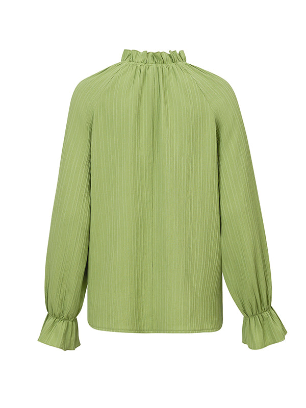 xakxx Long Sleeves Ruffle Sleeves Elasticity Ruffled Solid Color Mock Neck T-Shirts Tops