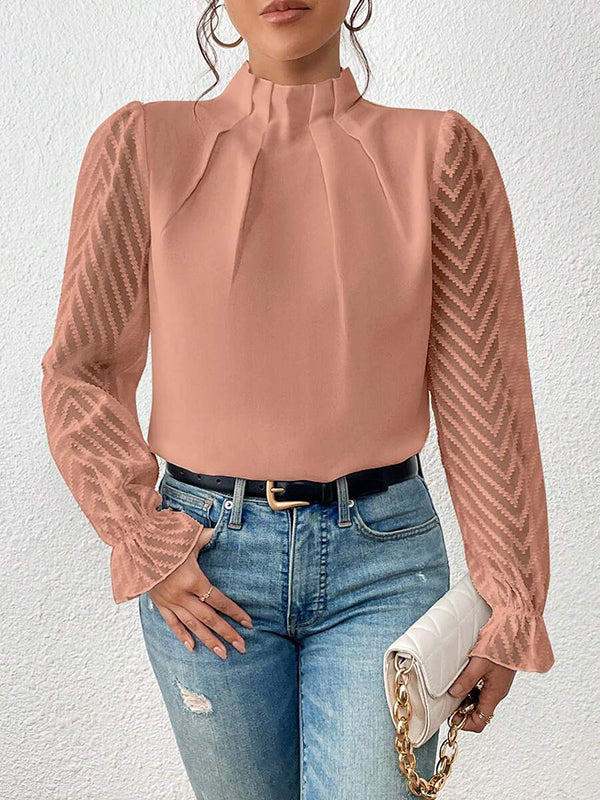 xakxx Long Sleeves Loose Elasticity Mesh Pleated Solid Color Mock Neck Blouses&Shirts Tops