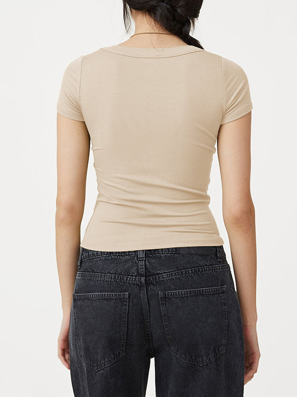 xakxx Short Sleeves Skinny Solid Color Square-Neck T-Shirts Tops