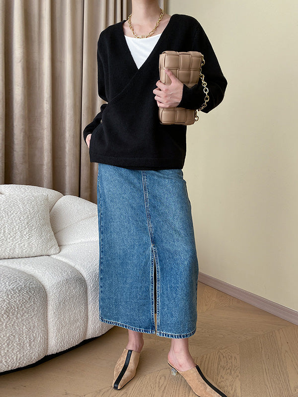 xakxx Long Sleeves Loose Asymmetric Buttoned V-neck Sweater Tops