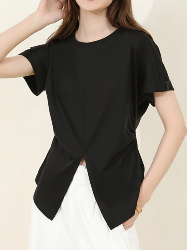 xakxx Batwing Sleeves Loose Pleated Solid Color Split-Front Split-Joint Round-Neck T-Shirts
