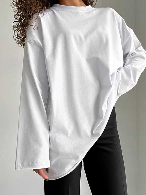 xakxx Long Sleeves Loose Solid Color Round-Neck T-Shirts Tops