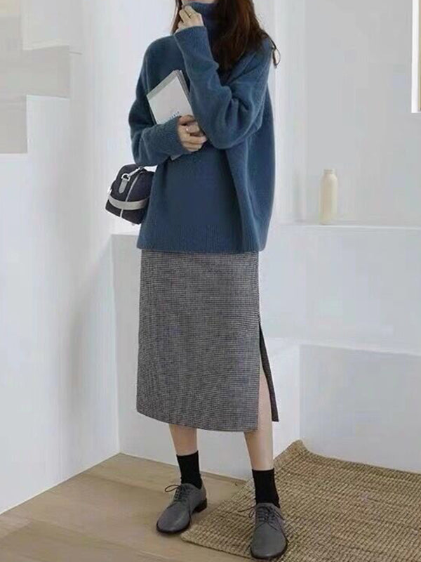 xakxx Casual Loose Long Sleeves Solid Color High-Neck Sweater Tops
