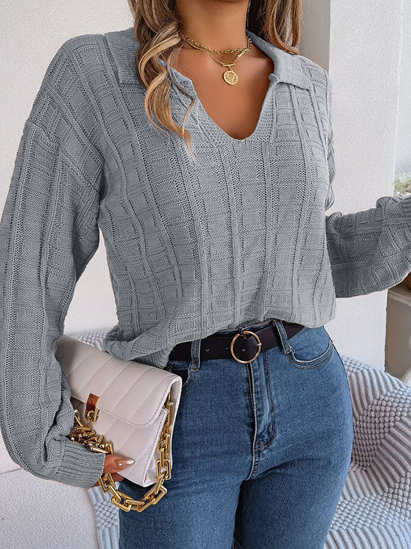 xakxx Long Sleeves Loose Solid Color Lapel Pullovers Sweater Tops