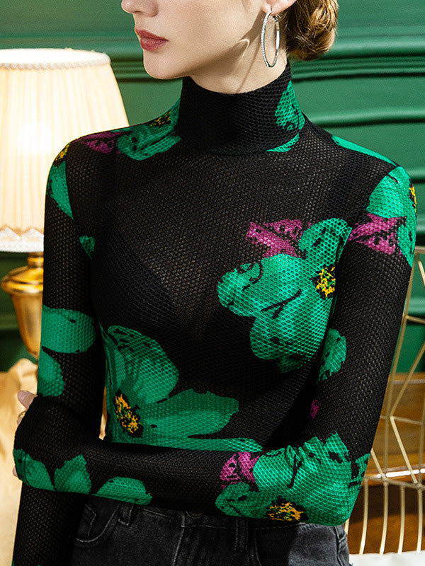 xakxx Urban Skinny Lace Printed Half Turtleneck T-Shirts Tops