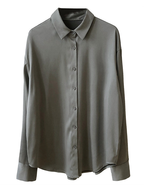 xakxx Simple Solid Color Satin Chiffon Long Sleeve Blouse