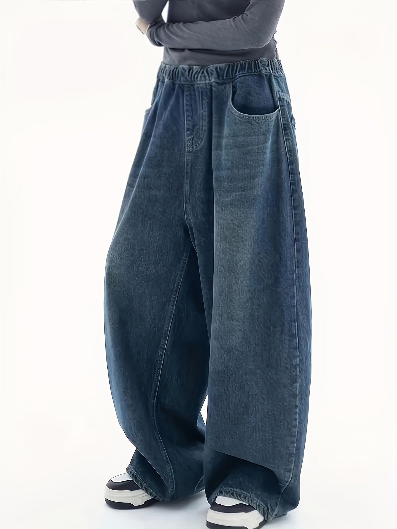 Fashion-Forward Womens Wide Leg Denim Jeans - Elastic Comfort Waistband, Relaxed Fit, Trendy Slash Pockets, Distressed Washed Blue with Whiskers - Hip Pop Street Style Pants for Effortless Chic
