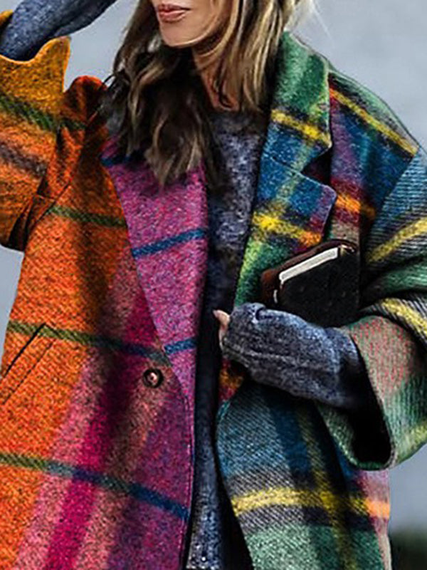 xakxx Long Sleeves Loose Contrast Color Plaid Split-Joint Lapel Outerwear Windbreakers Woolen Coat