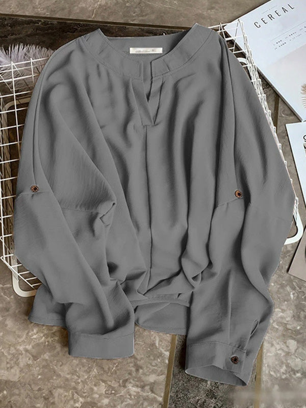xakxx Casual Long Sleeves Loose Solid Color V-Neck Blouses&Shirts Tops