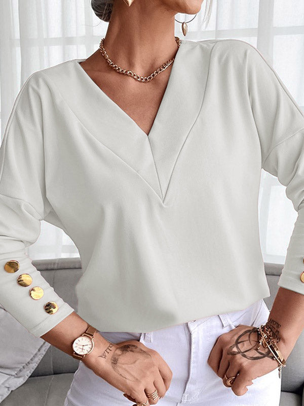 xakxx Long Sleeves Loose Buttoned V-Neck T-Shirts Tops