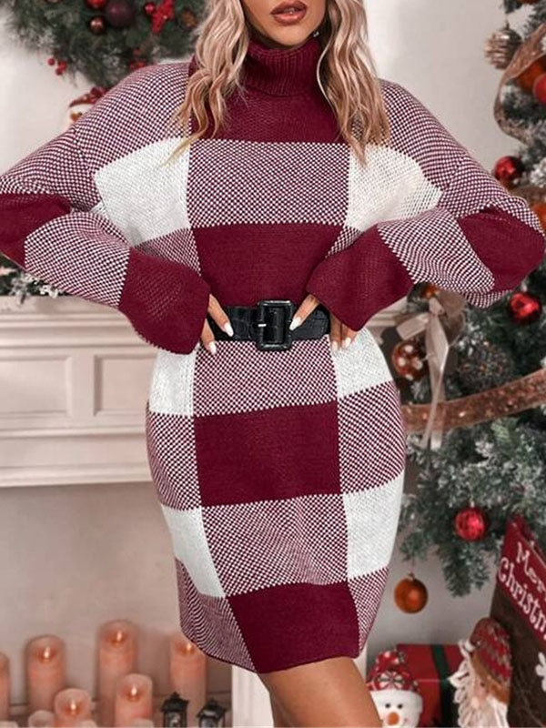 xakxx Long Sleeves Loose Contrast Color Plaid High Neck Mini Dresses Sweater Dresses