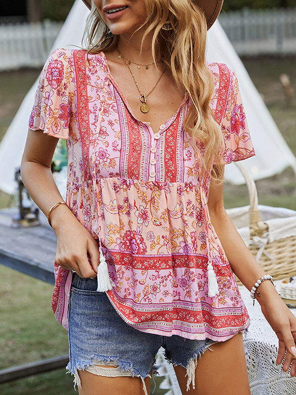 xakxx Loose Short Sleeves Buttoned Flower Print Split-Joint Tasseled Tied V-Neck T-Shirts Tops