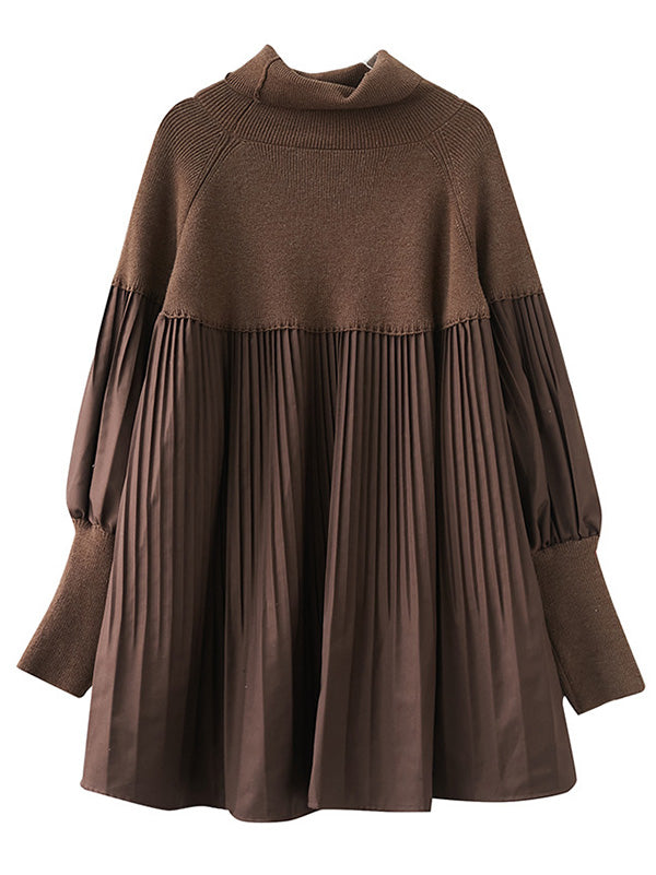 xakxx Knitting Pleats Split-Joint High-Neck Pullover Top
