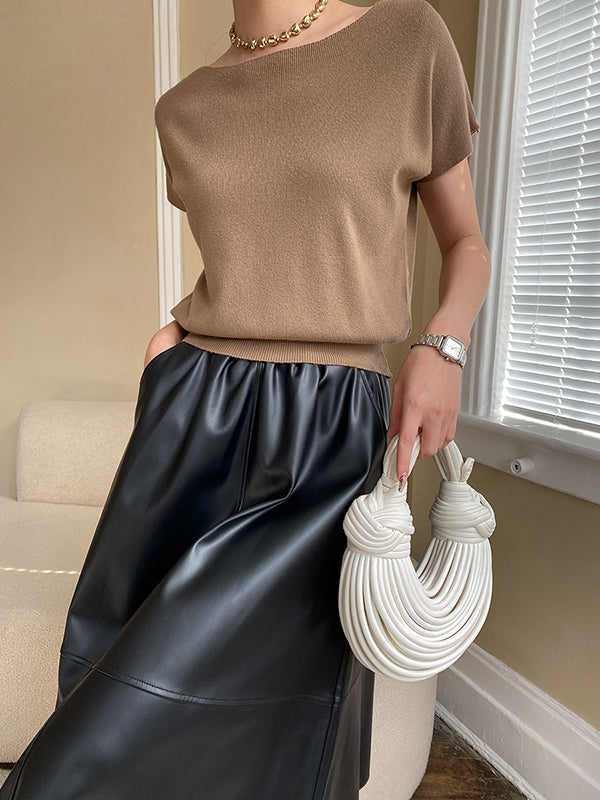 xakxx Stylish Loose Solid Color Boat Neck Knitwear Pullovers Tops