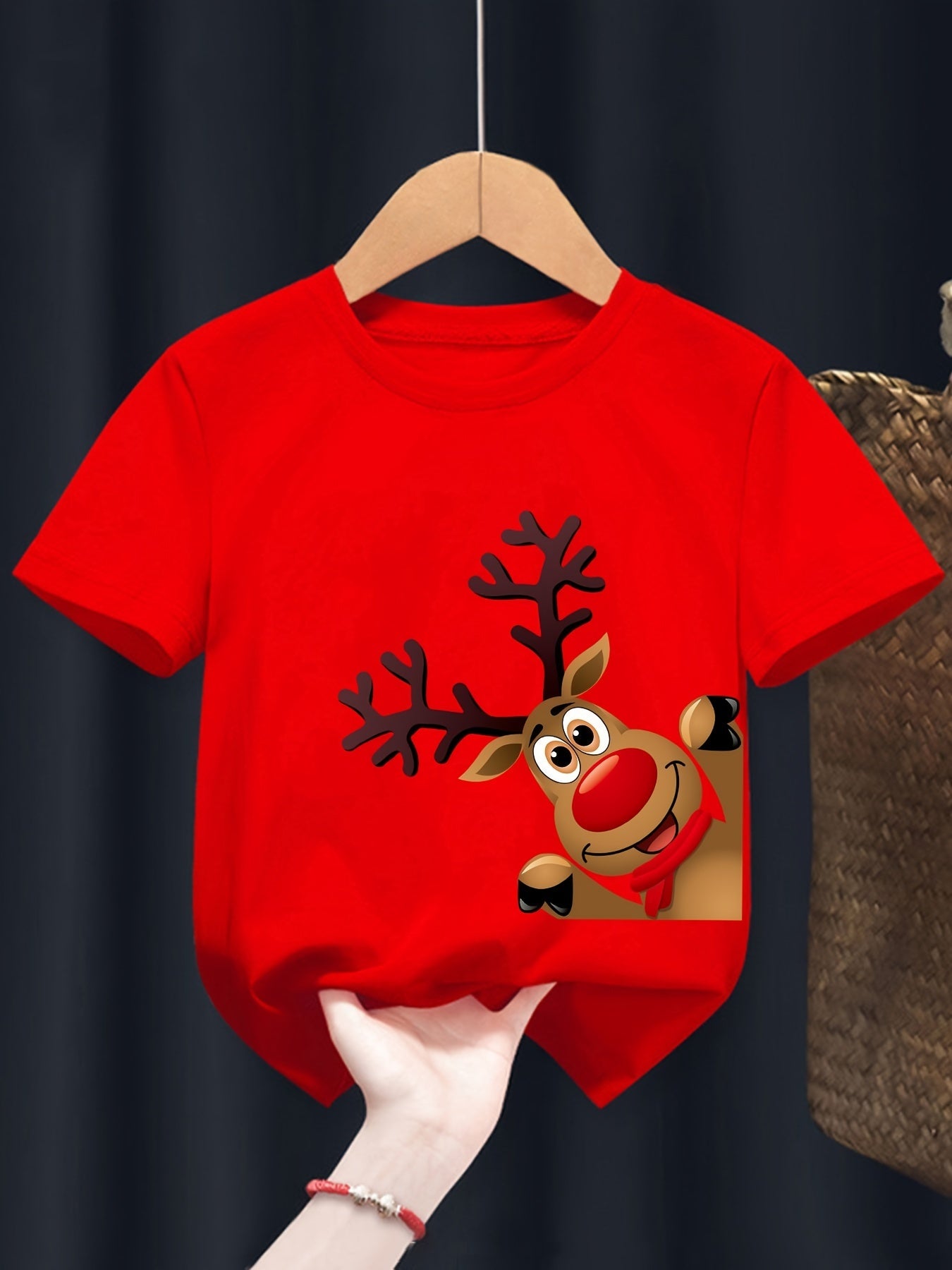 Boys' Summer Fashion T-Shirt with Cute Reindeer Print - Casual Short Sleeve, Polyester, Christmas Theme
