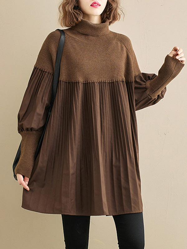 xakxx Knitting Pleats Split-Joint High-Neck Pullover Top