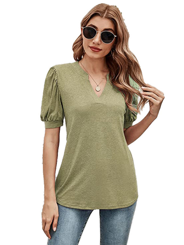 xakxx Simple Solid Color V-Neck Puff Sleeves T-Shirt Top