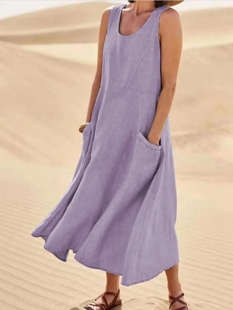 Hot Summer women Casual Dresses pocket sleeveless round neck women's cotton linen dress loose Khaki White black home outdoor skirt Big Size S-5XL 1f9 89b