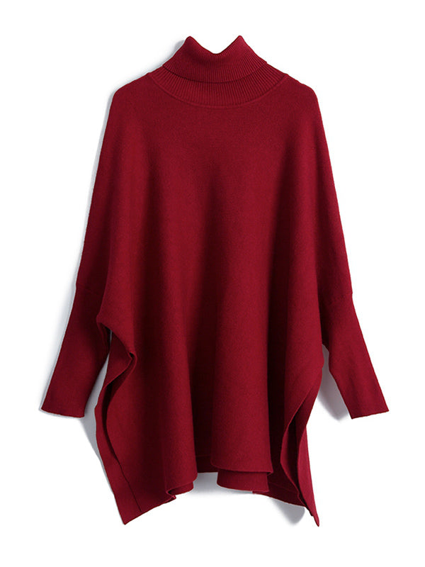 xakxx Simple Loose Solid Color High-Neck Batwing Sleeves Sweater