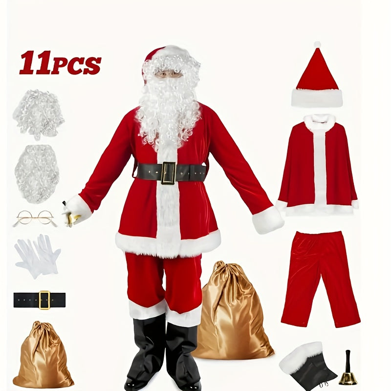 Luxurious Velvet Santa Claus Costume Set for Adults, 11pcs Christmas Outfit with Wig, Gloves, and Belt - Red Polyester, Best for Christmas