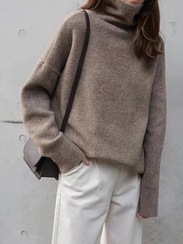 xakxx Casual Loose Long Sleeves Solid Color High-Neck Sweater Tops