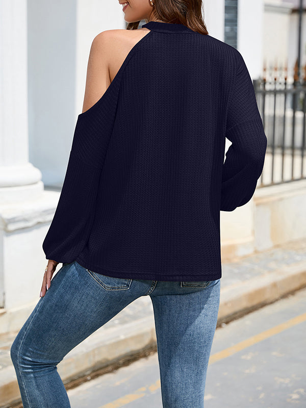 xakxx Loose Hollow Solid Color One-Shoulder Shirts